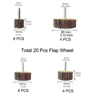 Tonmp 20 Pack 4 Sizes (1"/1.5"/2"/3") 1/4" Abrasive Flap Wheel Sander Set - 40/60/80/120 Grits Mounted Flap Wheels, Aluminum Oxide Sanding Flap Wheel Sander for Removing Rust and Polishing