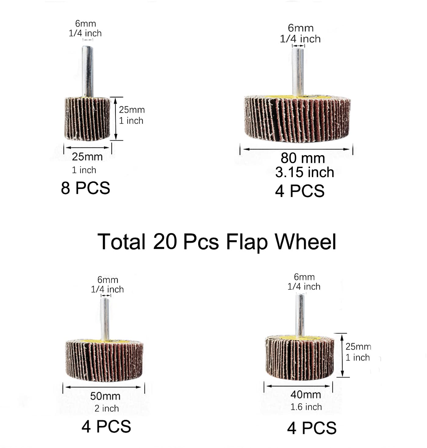 Tonmp 20 Pack 4 Sizes (1"/1.5"/2"/3") 1/4" Abrasive Flap Wheel Sander Set - 40/60/80/120 Grits Mounted Flap Wheels, Aluminum Oxide Sanding Flap Wheel Sander for Removing Rust and Polishing