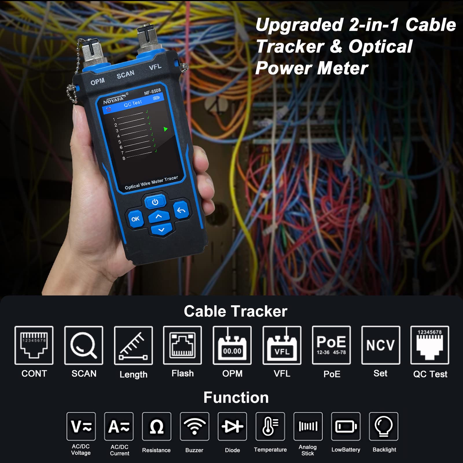 NOYAFA Network Cable Tester with Optical Power Meter VFL, CAT5 CAT6 Cable Toner Ethernet Cable Tester, RJ11 RJ45 Network Tester for Telephone, Ethernet, Video, PoE Tester Wire Tracer Fiber Tester