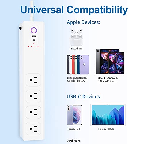 USB C Power Strips 65W, 4 Wide Outlets Power Bar, 5Ft Braided Extension Cord Flat Plug, Overload Surge Protection, Desk Charging Station for Office Home