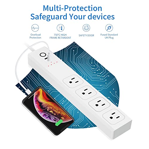 USB C Power Strips 65W, 4 Wide Outlets Power Bar, 5Ft Braided Extension Cord Flat Plug, Overload Surge Protection, Desk Charging Station for Office Home