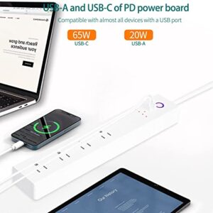 USB C Power Strips 65W, 4 Wide Outlets Power Bar, 5Ft Braided Extension Cord Flat Plug, Overload Surge Protection, Desk Charging Station for Office Home