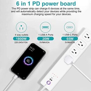 USB C Power Strips 65W, 4 Wide Outlets Power Bar, 5Ft Braided Extension Cord Flat Plug, Overload Surge Protection, Desk Charging Station for Office Home