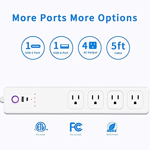 USB C Power Strips 65W, 4 Wide Outlets Power Bar, 5Ft Braided Extension Cord Flat Plug, Overload Surge Protection, Desk Charging Station for Office Home