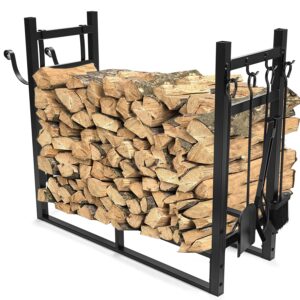 hecasa 33 inch firewood rack w/kindling holder include shovel poker tongs brush heavy duty steel indoor outdoor fireplace log rack