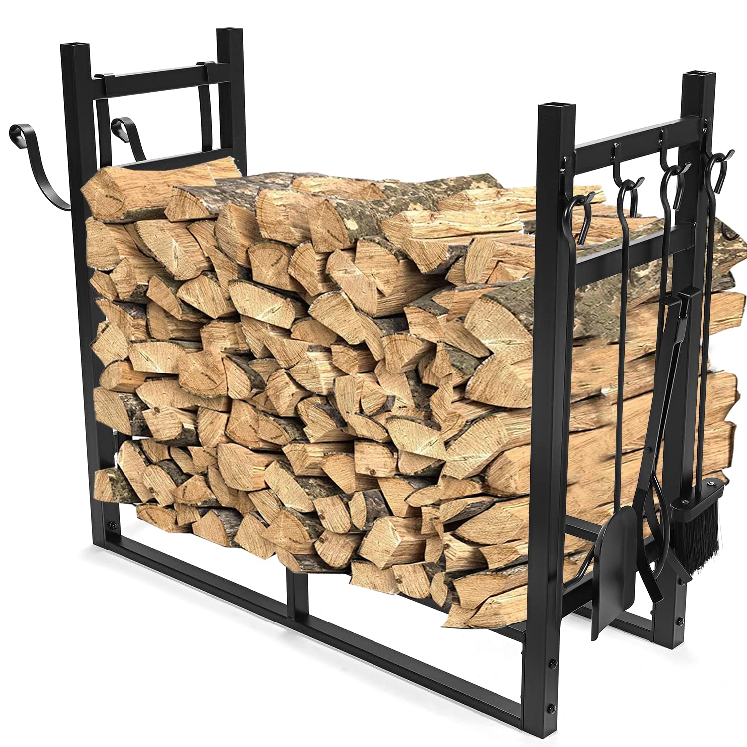 HECASA 33 Inch Firewood Rack w/Kindling Holder Include Shovel Poker Tongs Brush Heavy Duty Steel Indoor Outdoor Fireplace Log Rack