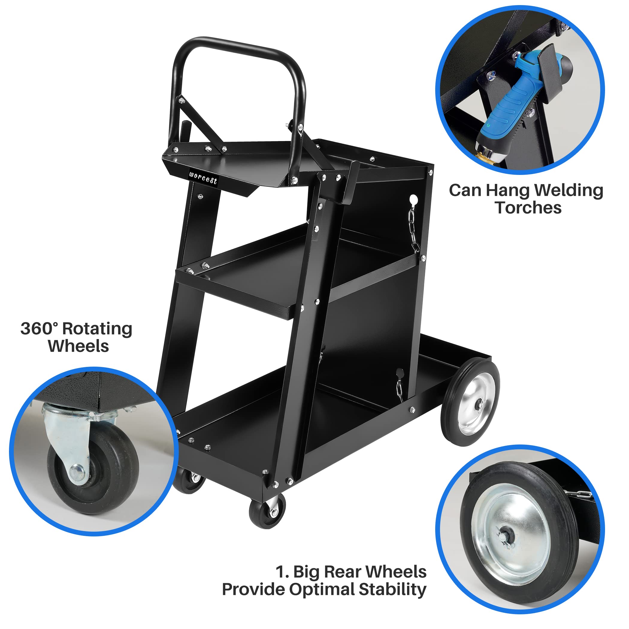 3-Tier Welding Cart Plasma Cutter, Steel Constructed and Black Powder Coat Finished Welding Table, Heavy Duty Welding Carts for Mig Welder