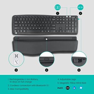 Perixx PERIBOARD-813B Bluetooth Ergonomic Keyboard - Laptop Scissor Keys - Curved Ergo-Lite Design - Detachable Soft Wrist Rest - USB-C Rechargeable - Black - US English (11976)