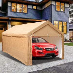 PHI VILLA 10x20 ft Heavy Duty Carport Car Canopy Garage Extra Storage Shelter Boat Party Tents Shed with Removable Sidewalls and Doors, Beige