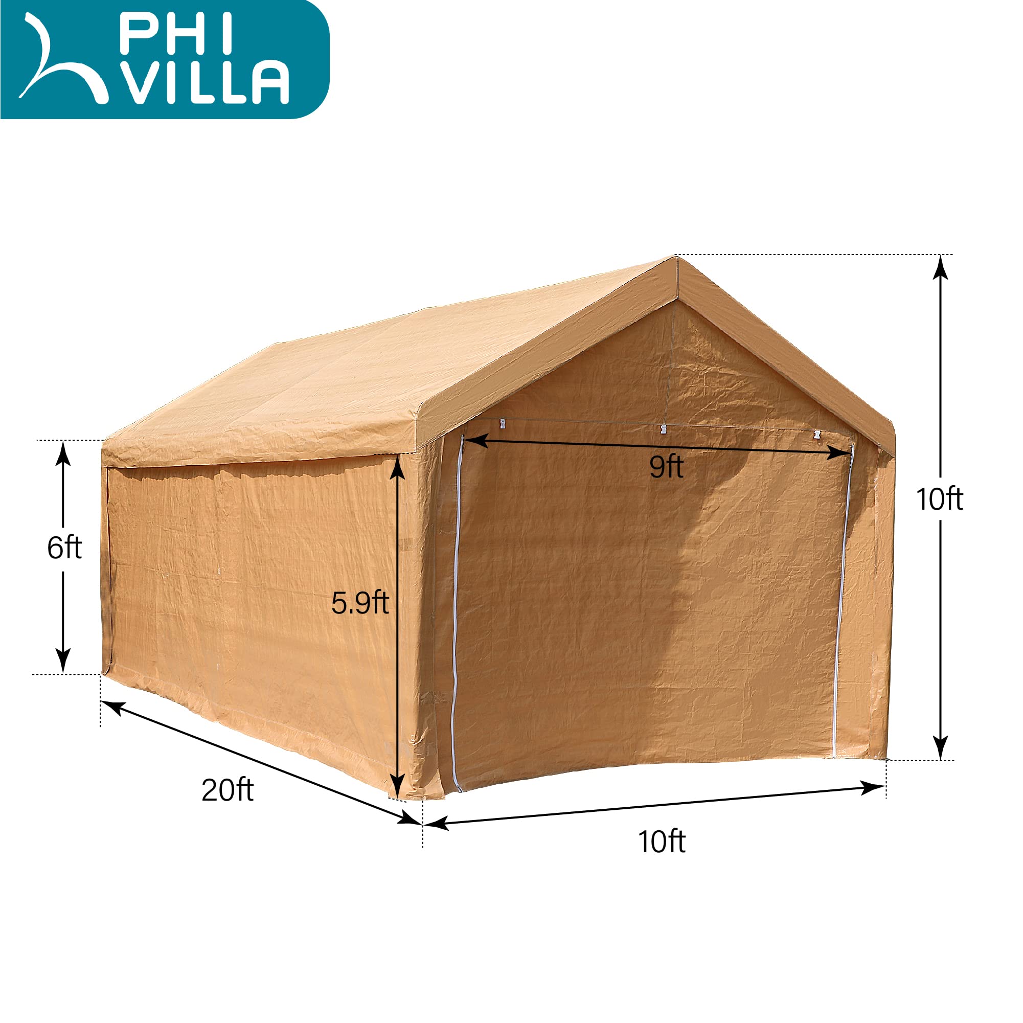 PHI VILLA 10x20 ft Heavy Duty Carport Car Canopy Garage Extra Storage Shelter Boat Party Tents Shed with Removable Sidewalls and Doors, Beige