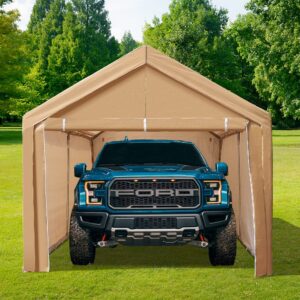 PHI VILLA 10x20 ft Heavy Duty Carport Car Canopy Garage Extra Storage Shelter Boat Party Tents Shed with Removable Sidewalls and Doors, Beige