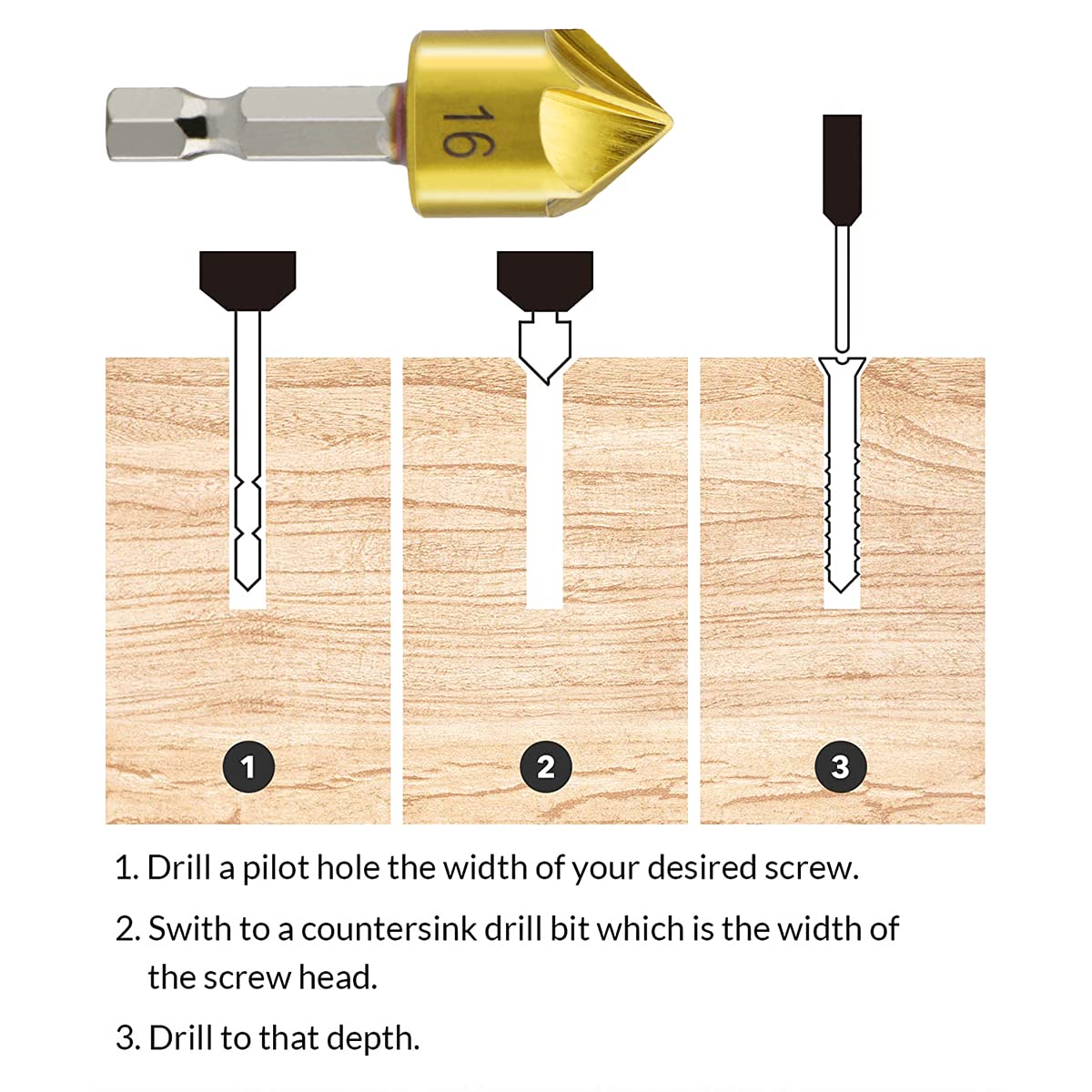 Countersink Drill Bit Set 6 Pcs 5 Flute Counter Sinker Drill Bits and 90 Degree Center Punch Tools HSS 1/4" Hex Shank for Wood Metal Quick Change 6-19mm (6)