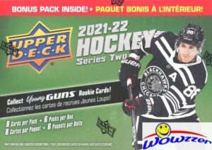2021/22 upper deck series 2 hockey huge exclusive factory sealed blaster box with young gun rookie card! look for 50 new young gun rookies including lucas raymond, moritz seider & many more! wowzzer!