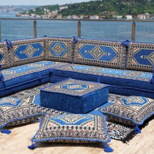 Royal Blue L Shaped Arabic Sofa Set, Floor Sofa Seating Set, Oriental Floor Seating, Floor Cushions, Arabic Lounge, Arabic Majlis, Arabic Jalsa (L Sofa Full Set, 8'' Thickness (20 cm))