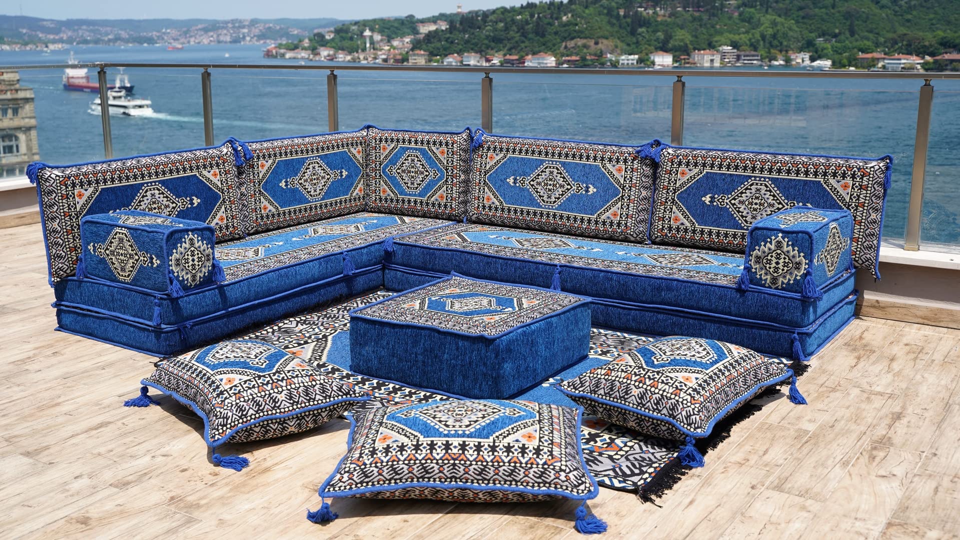 Royal Blue L Shaped Arabic Sofa Set, Floor Sofa Seating Set, Oriental Floor Seating, Floor Cushions, Arabic Lounge, Arabic Majlis, Arabic Jalsa (L Sofa Full Set, 8'' Thickness (20 cm))