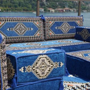 Royal Blue L Shaped Arabic Sofa Set, Floor Sofa Seating Set, Oriental Floor Seating, Floor Cushions, Arabic Lounge, Arabic Majlis, Arabic Jalsa (L Sofa Full Set, 8'' Thickness (20 cm))