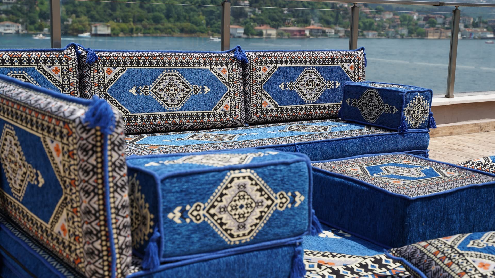 Royal Blue L Shaped Arabic Sofa Set, Floor Sofa Seating Set, Oriental Floor Seating, Floor Cushions, Arabic Lounge, Arabic Majlis, Arabic Jalsa (L Sofa Full Set, 8'' Thickness (20 cm))