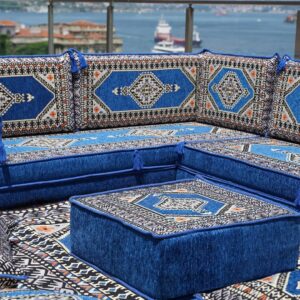 Royal Blue L Shaped Arabic Sofa Set, Floor Sofa Seating Set, Oriental Floor Seating, Floor Cushions, Arabic Lounge, Arabic Majlis, Arabic Jalsa (L Sofa Full Set, 8'' Thickness (20 cm))