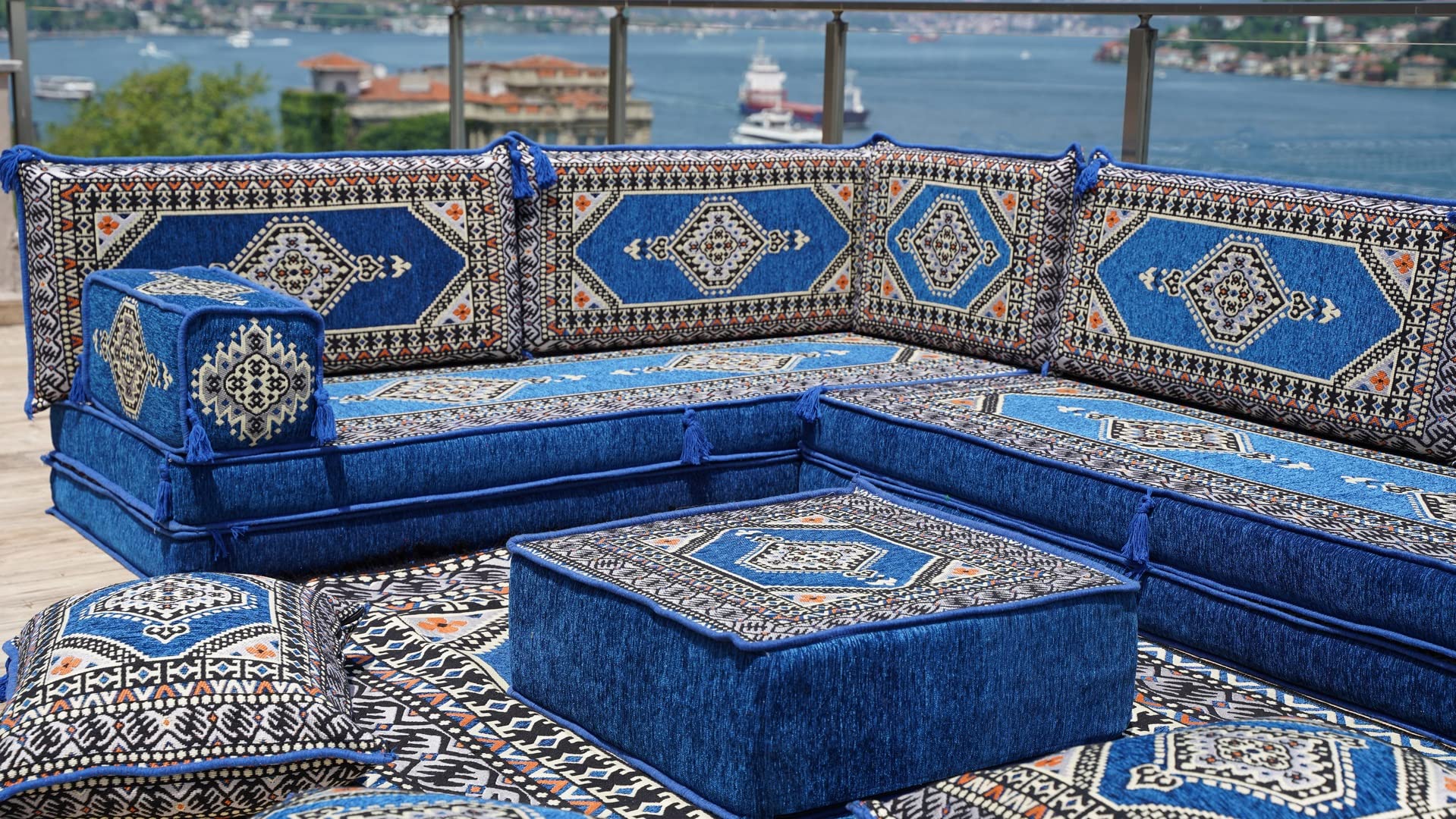 Royal Blue L Shaped Arabic Sofa Set, Floor Sofa Seating Set, Oriental Floor Seating, Floor Cushions, Arabic Lounge, Arabic Majlis, Arabic Jalsa (L Sofa Full Set, 8'' Thickness (20 cm))