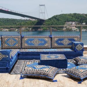 Royal Blue L Shaped Arabic Sofa Set, Floor Sofa Seating Set, Oriental Floor Seating, Floor Cushions, Arabic Lounge, Arabic Majlis, Arabic Jalsa (L Sofa Full Set, 8'' Thickness (20 cm))