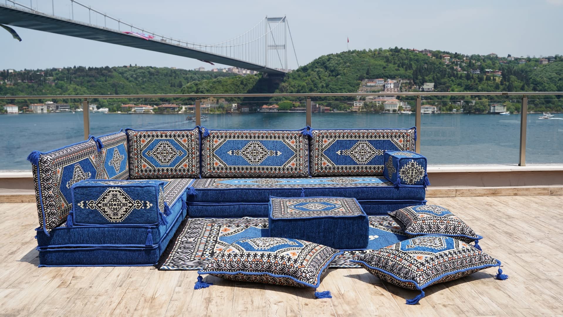 Royal Blue L Shaped Arabic Sofa Set, Floor Sofa Seating Set, Oriental Floor Seating, Floor Cushions, Arabic Lounge, Arabic Majlis, Arabic Jalsa (L Sofa Full Set, 8'' Thickness (20 cm))