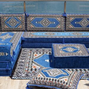 Royal Blue L Shaped Arabic Sofa Set, Floor Sofa Seating Set, Oriental Floor Seating, Floor Cushions, Arabic Lounge, Arabic Majlis, Arabic Jalsa (L Sofa Full Set, 8'' Thickness (20 cm))