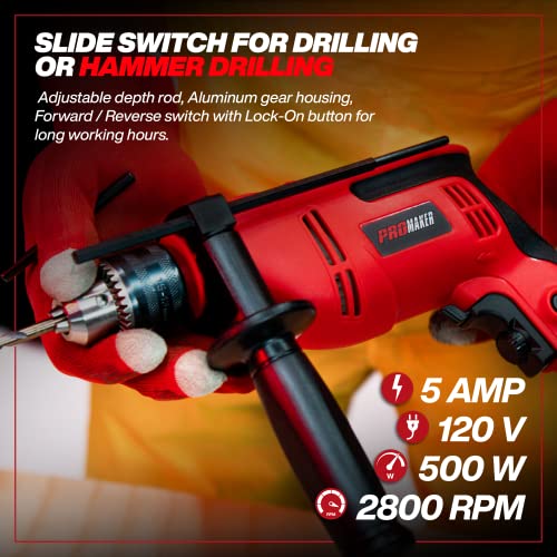 PROMAKER 5 AMP Hammer Drill, 1/2-inch, Corded Hammer Drill, Variable speed 0-3000 RPM, option to choose Drill and Hammer. PRO-TP550