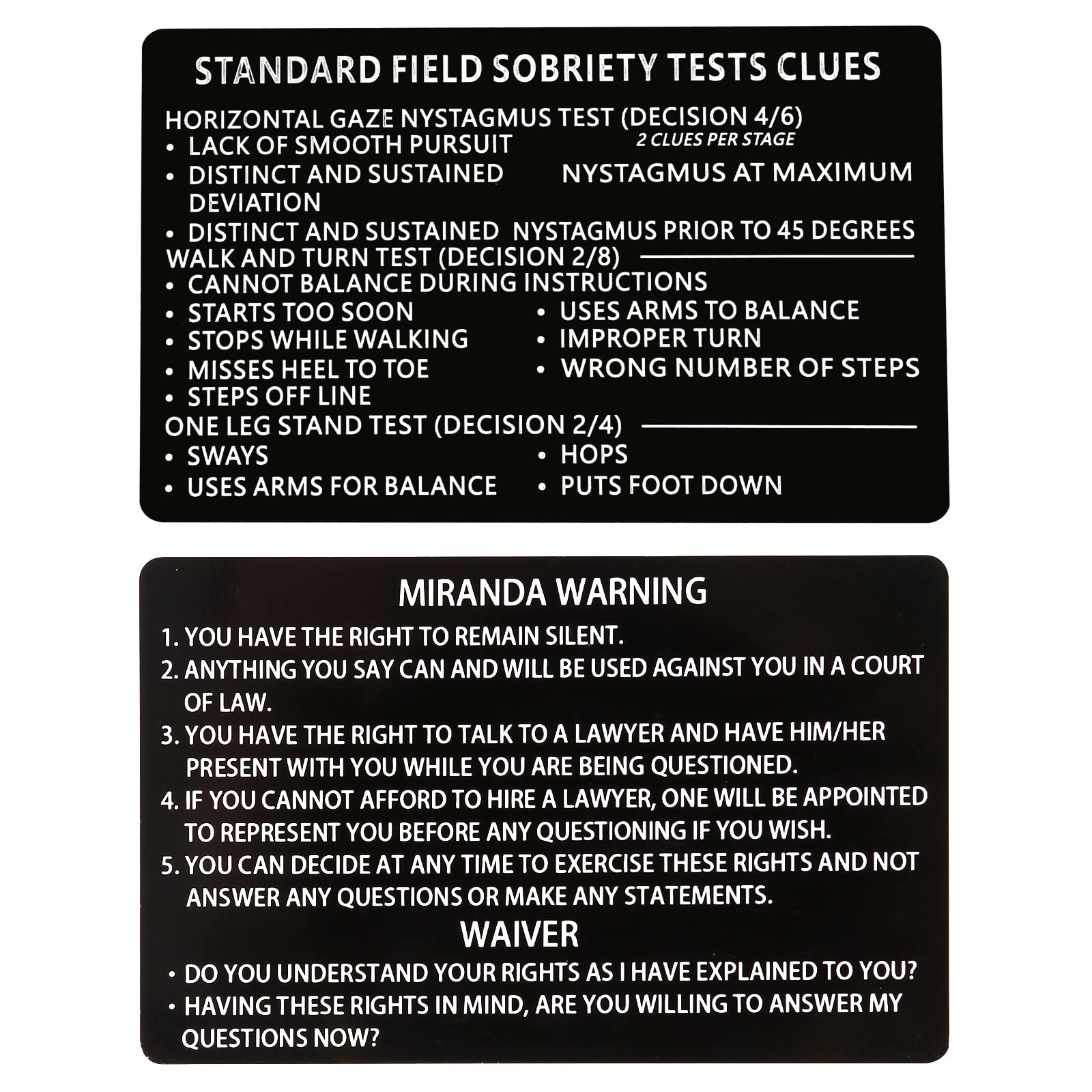 3PCS Laser Metal Miranda Warning Card / Standard Field Sobriety Test Clues Cards