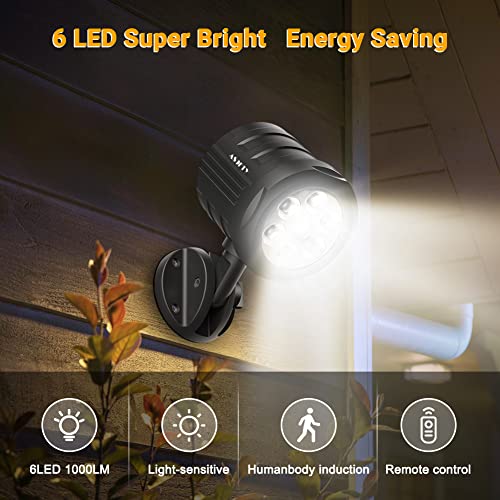 ASOFTY Motion Sensor Outdoor Light Battery Operated, 6 LED 1000 Lumen Wireless Spotlights with Remote Control, IP65 Waterproof 6000K Motion Security Light for Garage Yard Porch and Patio