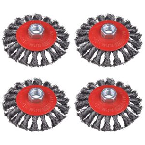 wenora 4 pack 4 inch twist knotted wire wheel brush for angle grinder with 5/8 inch-11 threaded arbor, for heavy-duty conditioning for various metals