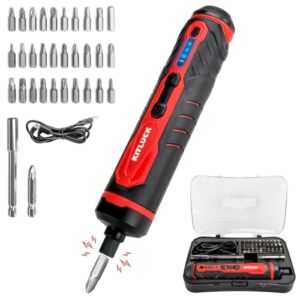 kitluck cordless electric screwdriver, 4v power screwdriver set with rechargeable battery, 31 bits&extension rod, 3 led work light, 3 adjustable torque, magnetic hex chuck, type c cable, storage box