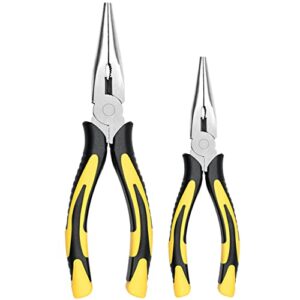 zuzuan premium vise-grip long needle nose pliers- 8” & 6’’, paper clamp precision, high carbon steel, soft grip with wire cutter, long nose cutting pliers for home, fishing, jewelry, crafts,2pcs