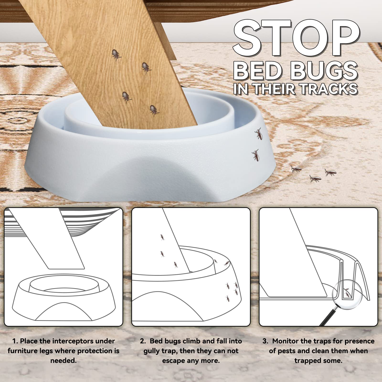 Bed Bug Interceptors with Anti Skid Pads | Bed Bug Trap | Bed Bug Traps and Detectors | Bed Bug Traps for Bed (White - 12 Pcs)