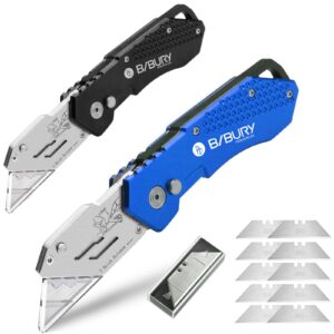 2 pack bibury utility knife, heavy duty folding box cutter, pocket carpet knife with 20 extra sk5 stainless steel blades, easy release button, belt clip, quick change, blade storage in handle design