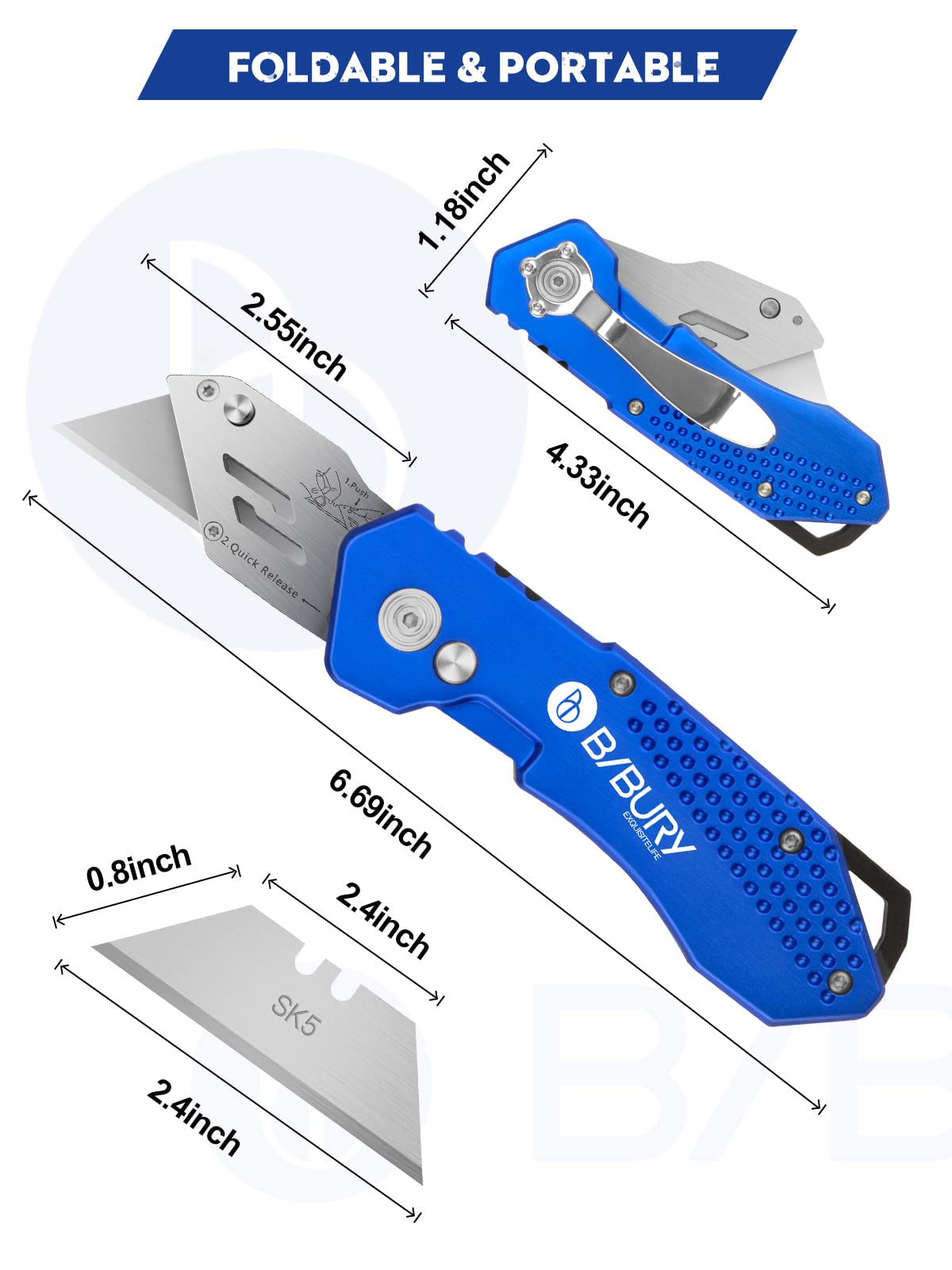 2 Pack BIBURY Utility Knife, Heavy Duty Folding Box Cutter, Pocket Carpet Knife with 20 Extra SK5 Stainless Steel Blades, Easy Release Button, Belt Clip, Quick Change, Blade Storage in Handle Design