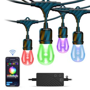 xmcosy+ patio lights, 49ft smart outdoor string lights rgbw, 15 led bulbs, app & wifi control, compatible with alexa, ip65 waterproof string lights for outside, color changing outdoor patio lights