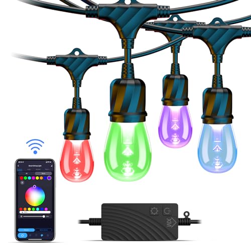 XMCOSY+ Patio Lights, 49Ft Smart Outdoor String Lights RGBW, 15 LED Bulbs, APP & WiFi Control, Compatible with Alexa, IP65 Waterproof String Lights for Outside, Color Changing Outdoor Patio Lights