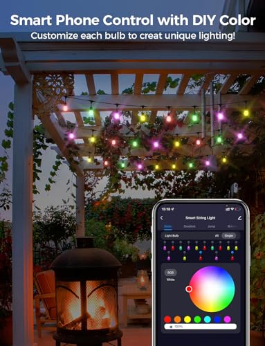 XMCOSY+ Patio Lights, 49Ft Smart Outdoor String Lights RGBW, 15 LED Bulbs, APP & WiFi Control, Compatible with Alexa, IP65 Waterproof String Lights for Outside, Color Changing Outdoor Patio Lights