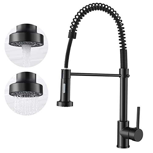 AIMOYO Matte Black Kitchen Faucet with Pull Down Sprayer, Commercial Spring Kitchen Sink Faucet with Pull Out Sprayer, Single Handle Single Hole Solid Brass Modern Camper RV Kitchen faucets