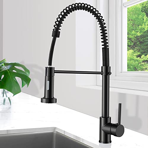 AIMOYO Matte Black Kitchen Faucet with Pull Down Sprayer, Commercial Spring Kitchen Sink Faucet with Pull Out Sprayer, Single Handle Single Hole Solid Brass Modern Camper RV Kitchen faucets