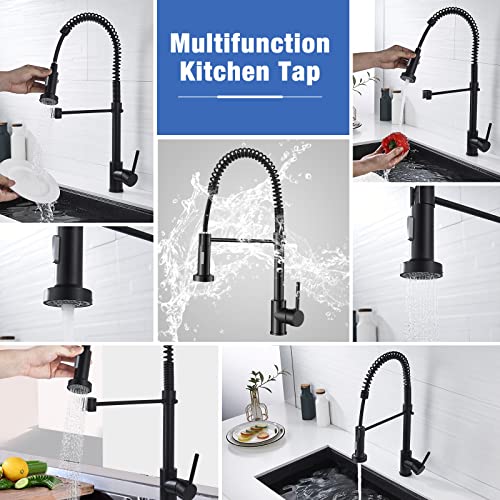 AIMOYO Matte Black Kitchen Faucet with Pull Down Sprayer, Commercial Spring Kitchen Sink Faucet with Pull Out Sprayer, Single Handle Single Hole Solid Brass Modern Camper RV Kitchen faucets