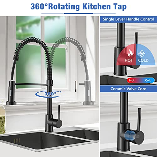 AIMOYO Matte Black Kitchen Faucet with Pull Down Sprayer, Commercial Spring Kitchen Sink Faucet with Pull Out Sprayer, Single Handle Single Hole Solid Brass Modern Camper RV Kitchen faucets