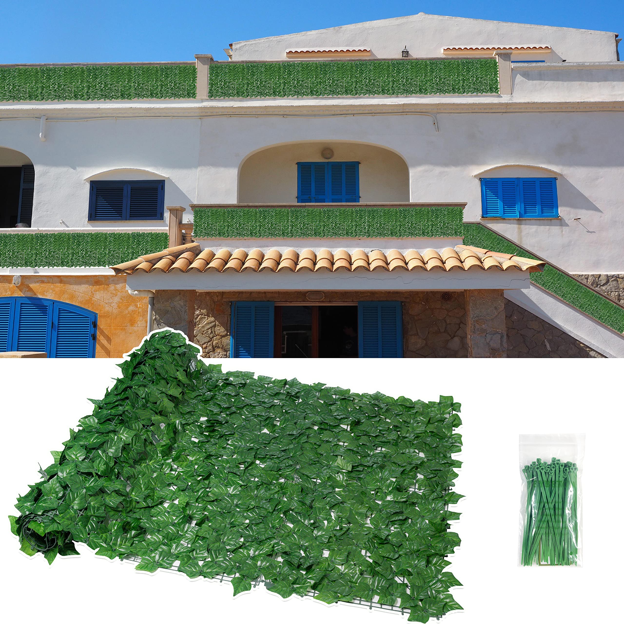 Bybeton Artificial Ivy Privacy Fence - 40" x 120" UV-Resistant Green Fake Vines Leaf Grass Wall - Patio, Balcony, Garden, Backyard Decor