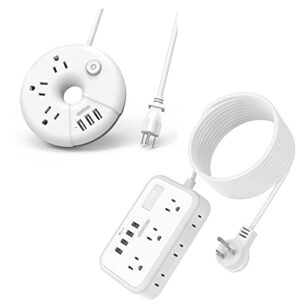 power strip bundle, ntonpower travel power strip with 3 outlets 3 usb 5 ft, 25 ft flat plug extension cord with 6 outlets 4 usb ports, white