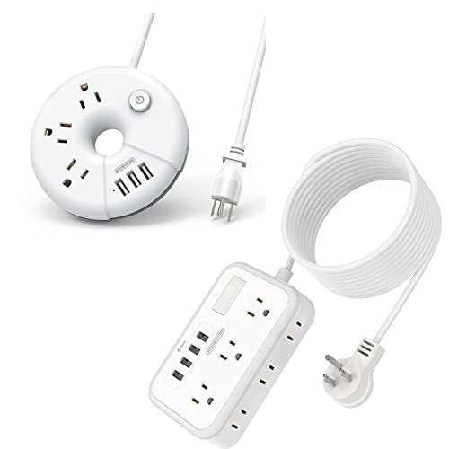 Power Strip Bundle, NTONPOWER Travel Power Strip with 3 Outlets 3 USB 5 ft, 25 ft Flat Plug Extension Cord with 6 Outlets 4 USB Ports, White