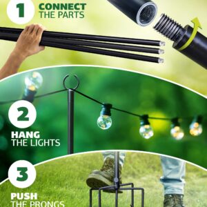 BACKYARD THERAPY Outdoor String Light Poles - 9ft Pole for Hanging Lights Outside - Galvanized & Powder Coated - Secure Ground Grip Stand - Garden, Deck, or Patio Area Lighting (2-Pack)