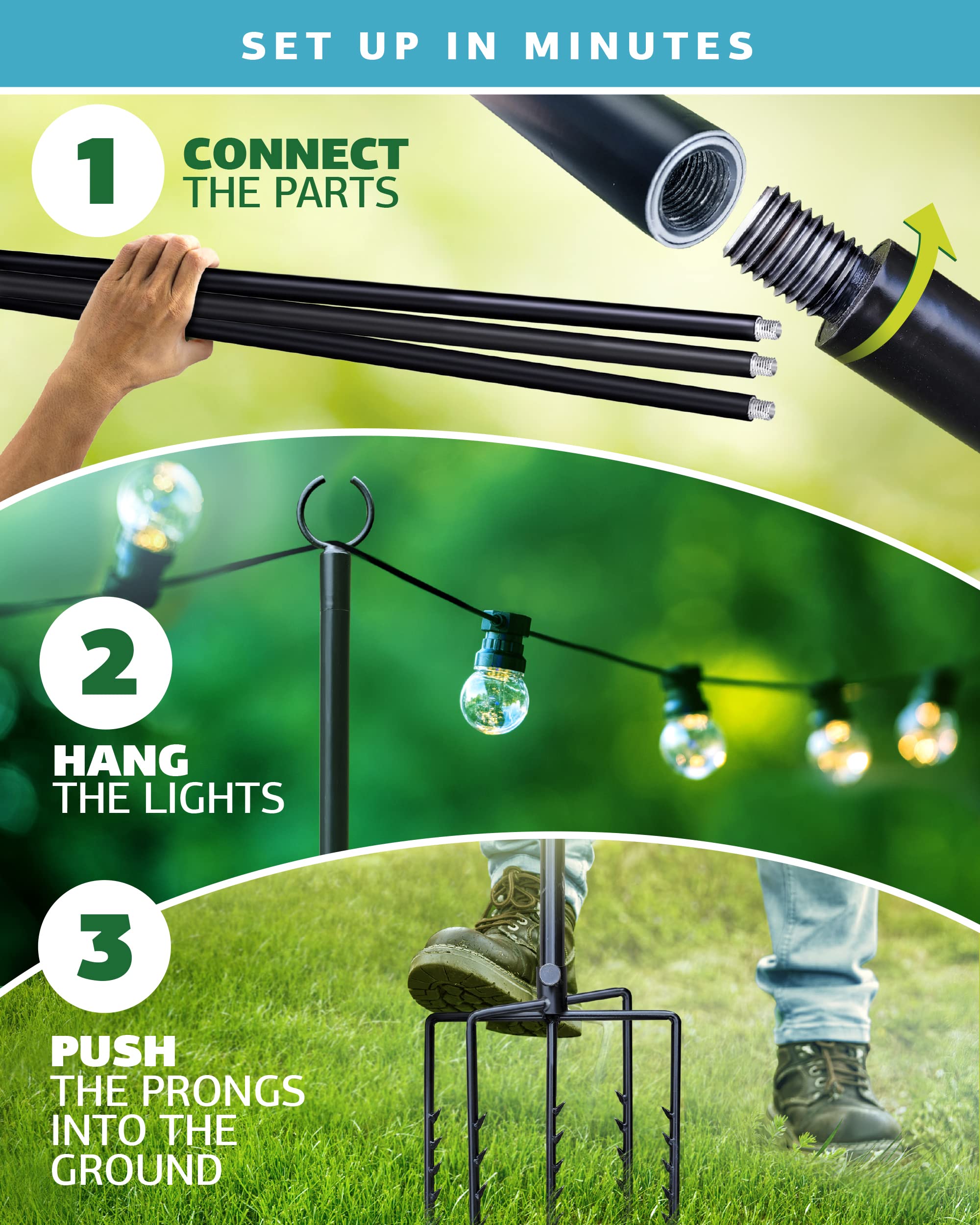 BACKYARD THERAPY Outdoor String Light Poles - 9ft Pole for Hanging Lights Outside - Galvanized & Powder Coated - Secure Ground Grip Stand - Garden, Deck, or Patio Area Lighting (2-Pack)