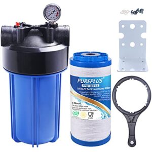 pureplus 1-stage whole house water filter, with iron manganese reducing water filter, for well water, 10"x4.5" universal housing