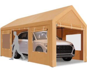 sarorra carport, 10'x20' heavy duty carport with roll-up ventilated windows, portable garage with removable sidewalls & doors for car, truck, boat, wedding party, outdoor camping, uv resistant (beige)