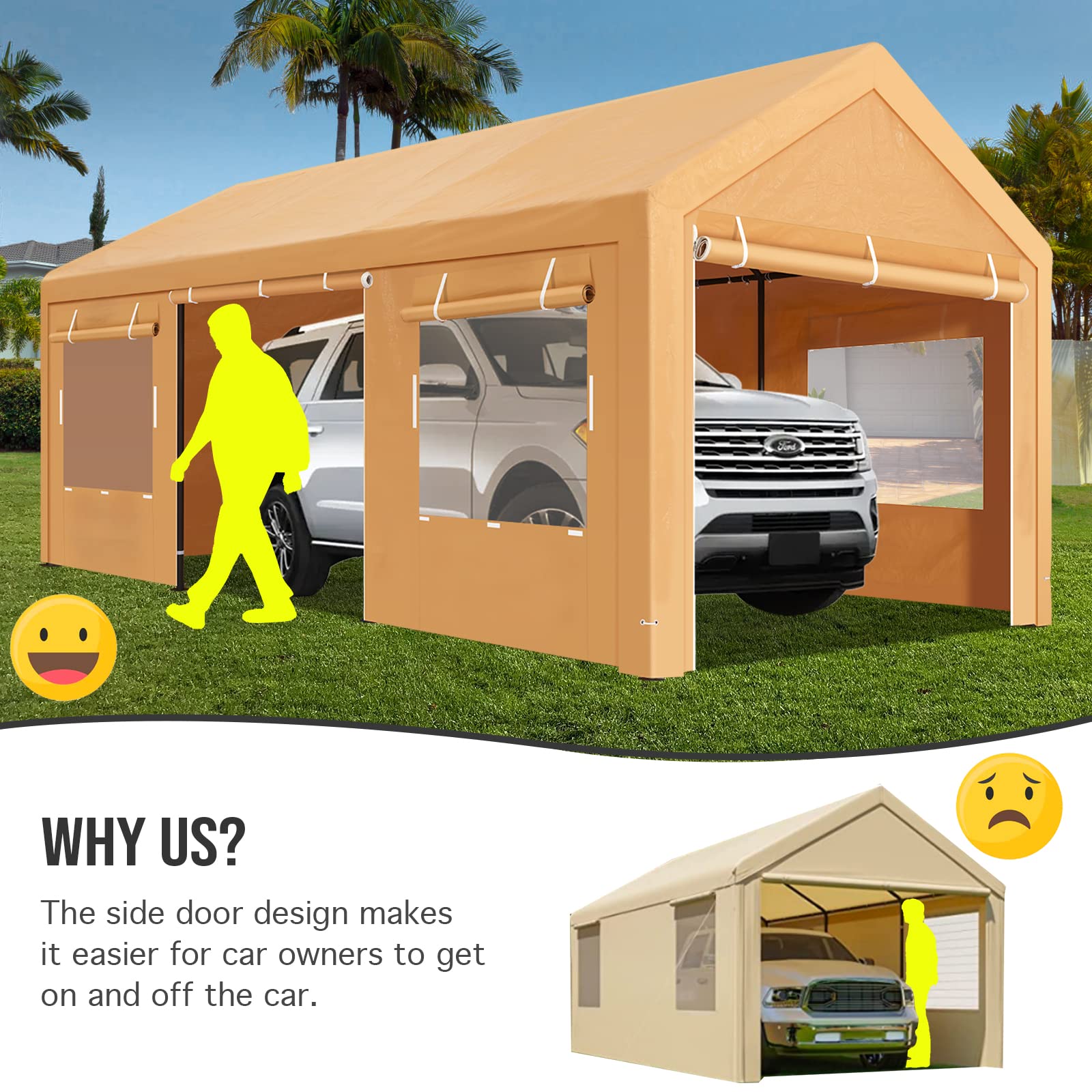SARORRA Carport, 10'x20' Heavy Duty Carport with Roll-up Ventilated Windows, Portable Garage with Removable Sidewalls & Doors for Car, Truck, Boat, Wedding Party, Outdoor Camping, UV Resistant (Beige)